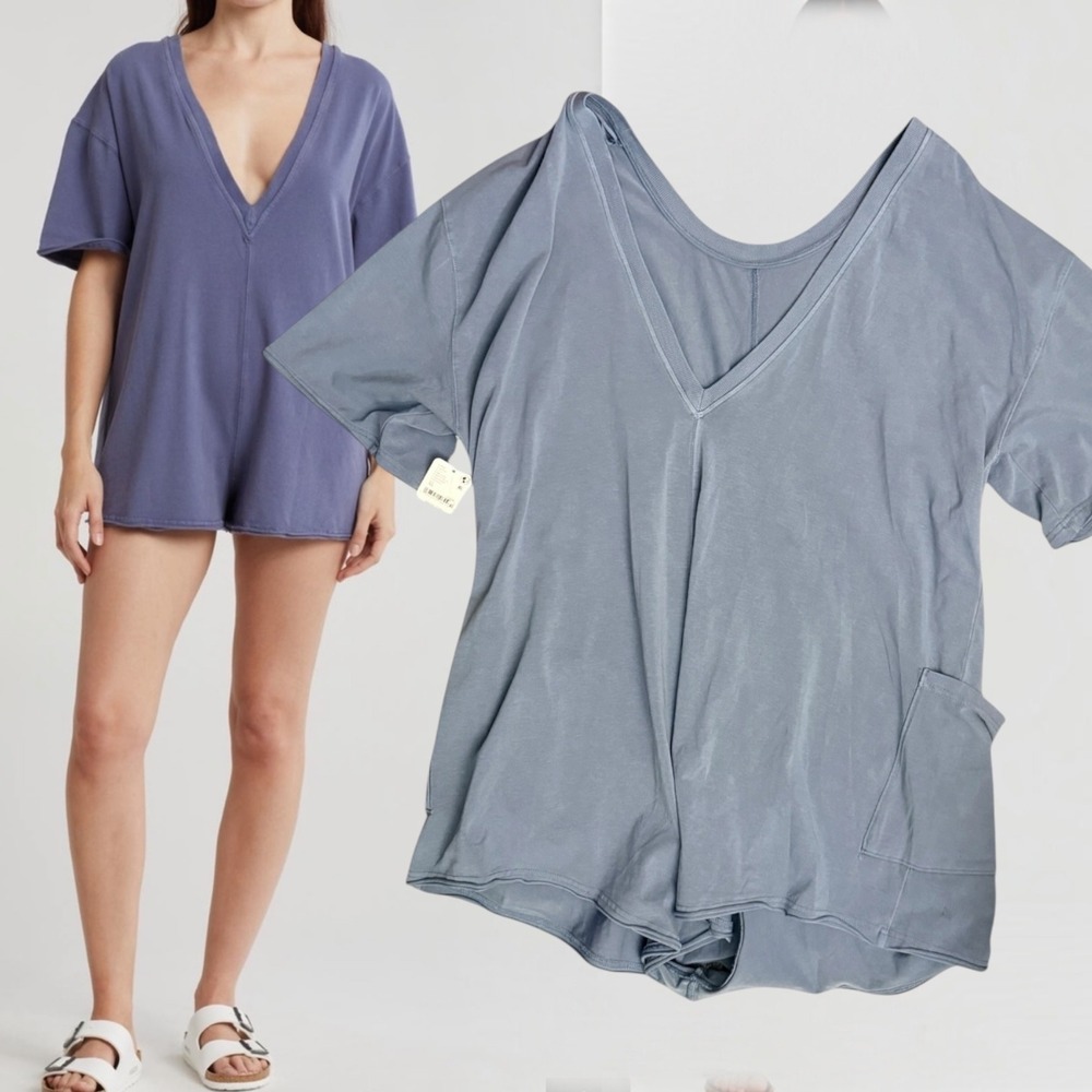 Free People Movement Hot Shot Romper V-Neck Oversized Blue XL